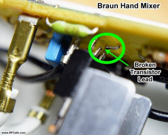 Broken transistor lead on Braun hand mixer - RF Cafe
