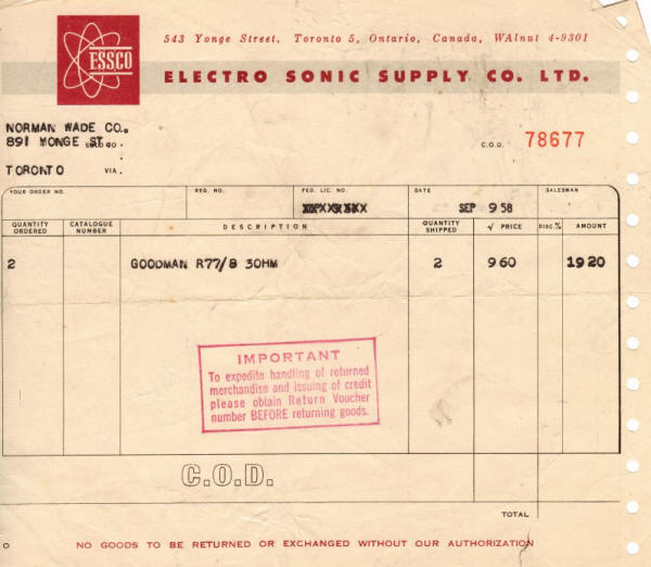 Electro Sonic Supply Co. Ltd. C.O.D. invoice from 1958 - RF Cafe